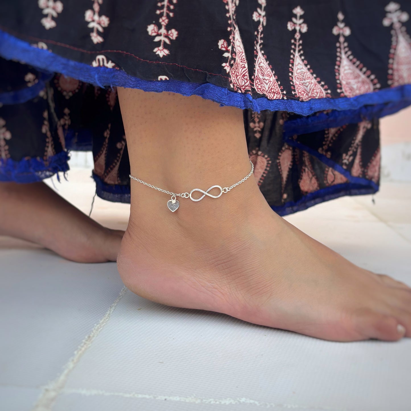Silver Infinity And Heart Charm Anklet