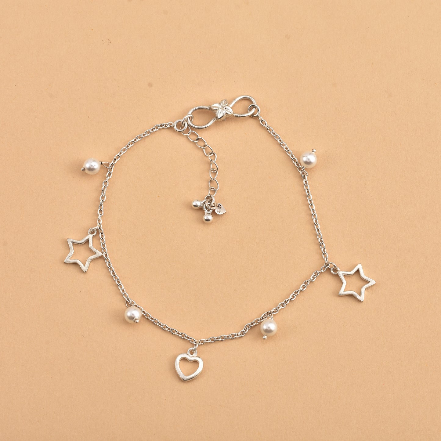 Silver Love Star Pearl Drop Anklet