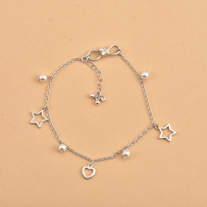 Silver Love Star Pearl Drop Anklet