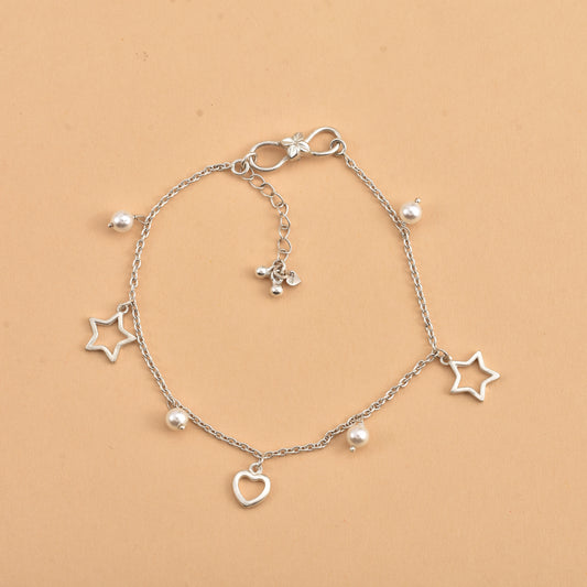 Silver Love Star Pearl Drop Anklet