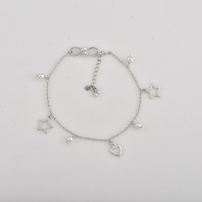 Silver Love Star Pearl Drop Anklet