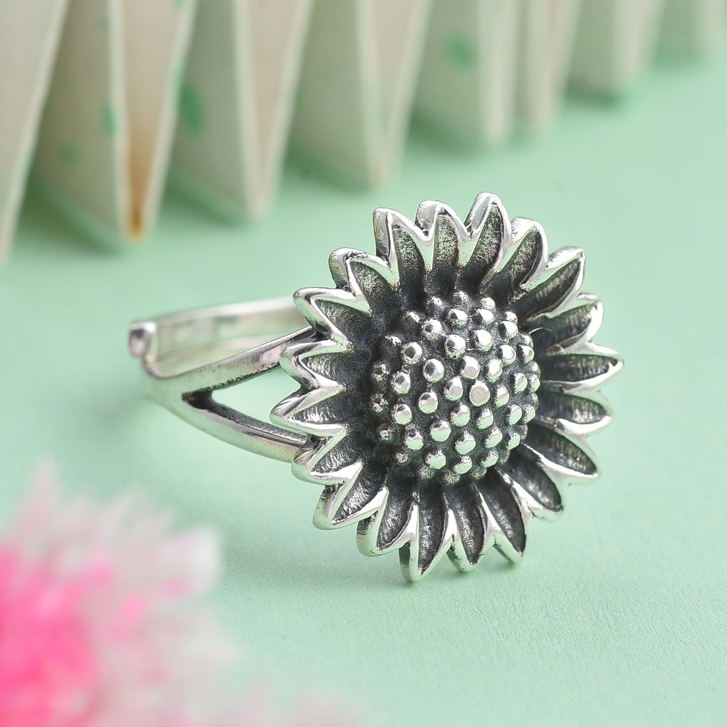 Silver sun flower ring