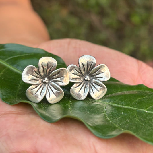 A pair of silver flower-shaped stud earrings resting on a green leaf held in a person's hand, with a blurred natural outdoor background.