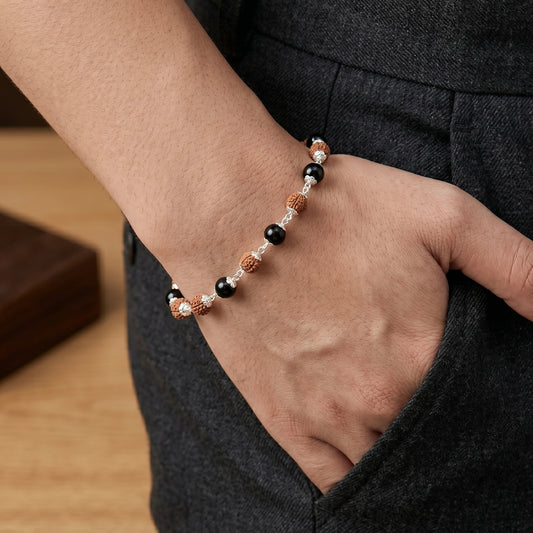 Close image of a wrist in person pocket wearing a rudraksh and karungali beads bracelet made in pure 925 sterling silver by silveristhan.