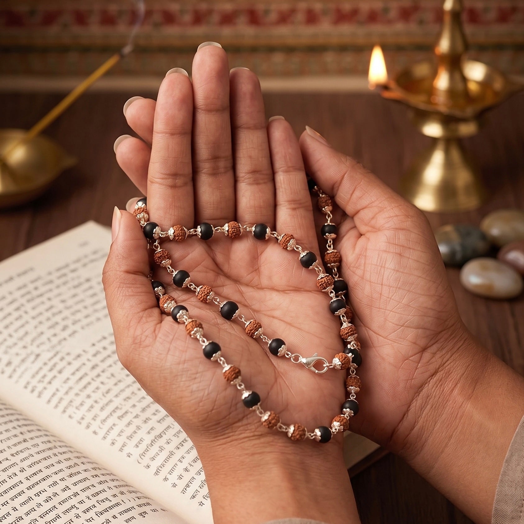 Close up image of a hand showing karungali and rudraksh mala made in pure 925 sterling silver by silveristhan