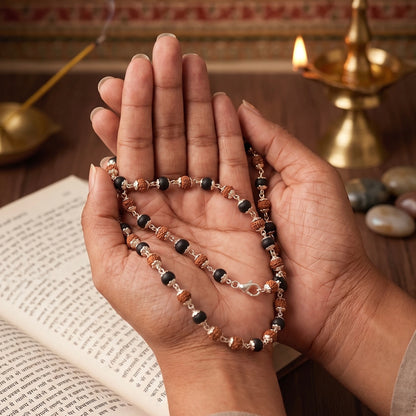 Close up image of a hand showing karungali and rudraksh mala made in pure 925 sterling silver by silveristhan