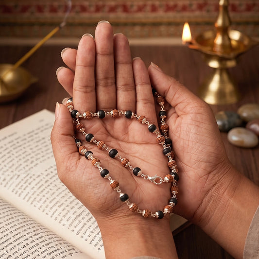 Close up image of a hand showing karungali and rudraksh mala made in pure 925 sterling silver by silveristhan