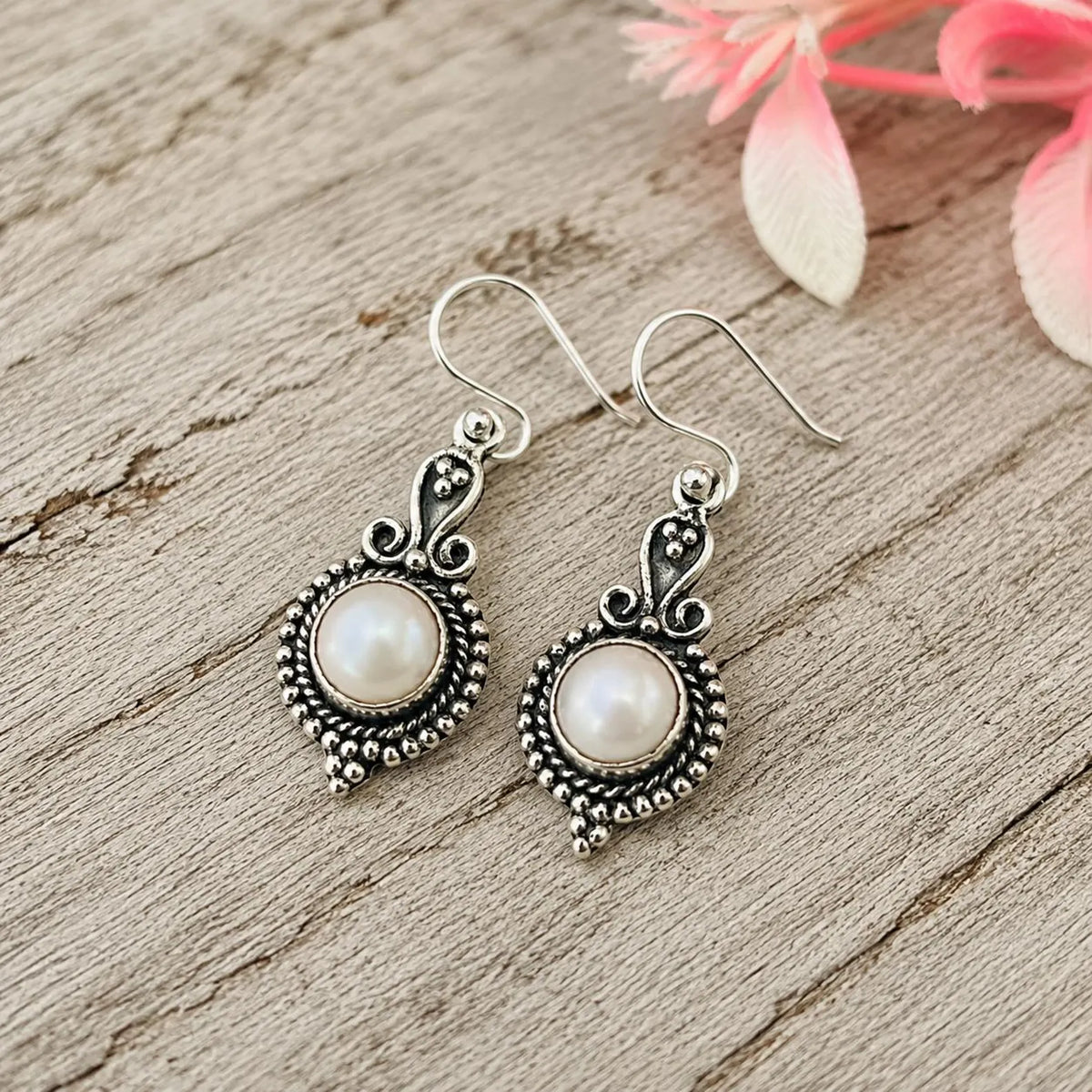 Silver Rava Pearl Dangle Earrings