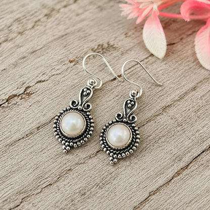 Silver Rava Pearl Dangle Earrings
