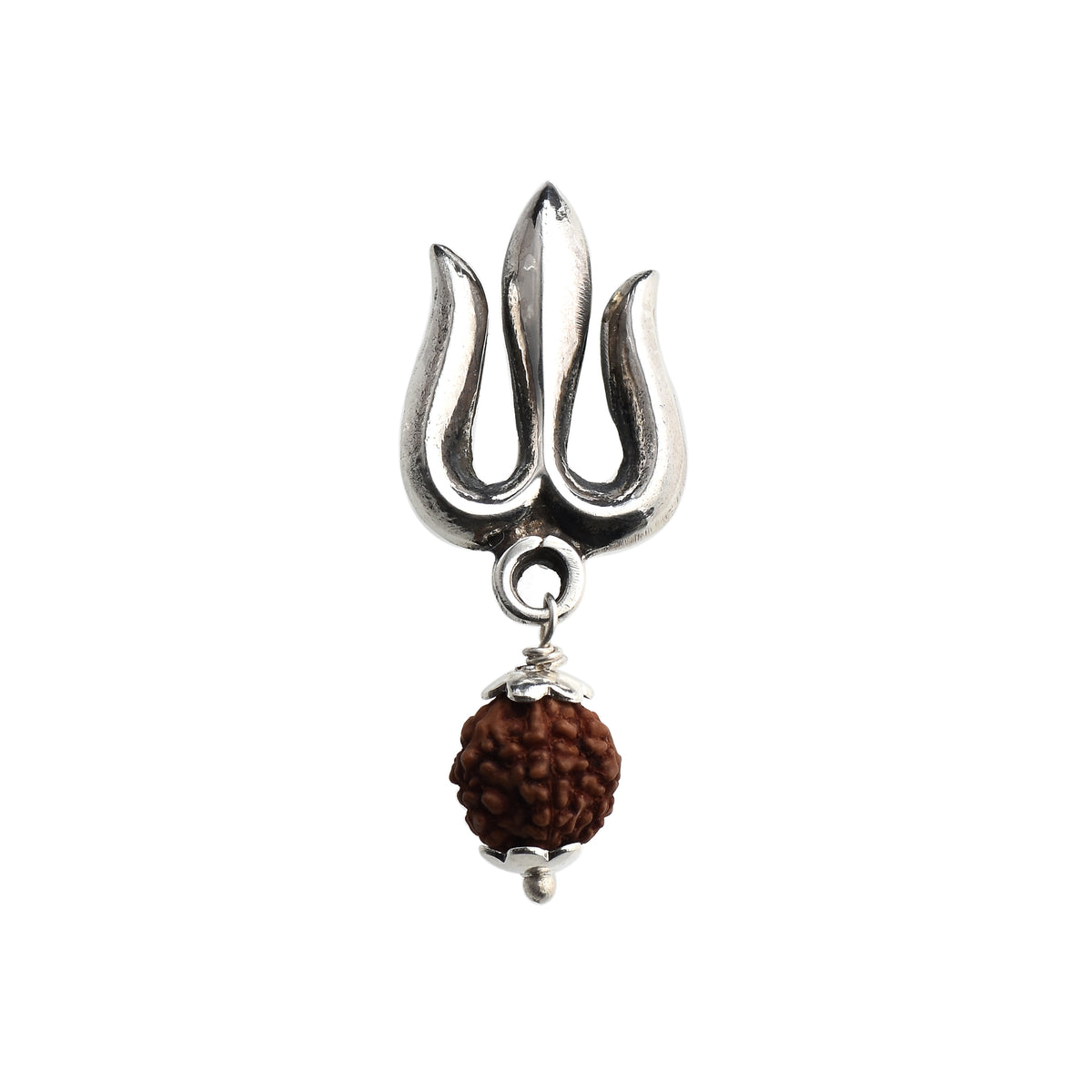 Silver Mahadev trident brooch with hanging rudraksha kept on a white background.